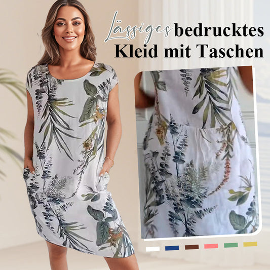 ⏳Limitiertes 50 % Rabatt⏰Bedrucktes Kleid mit Rundhalsausschnitt aus Baumwolle und Leinen für Frauen👗