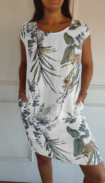 ⏳Limitiertes 50 % Rabatt⏰Bedrucktes Kleid mit Rundhalsausschnitt aus Baumwolle und Leinen für Frauen👗