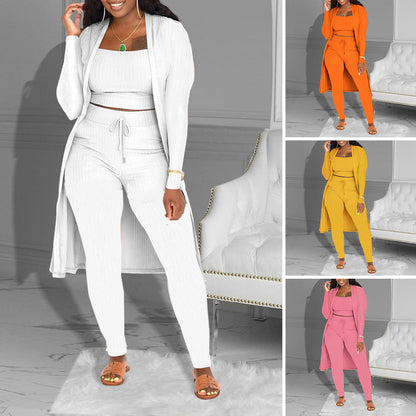 ⏳Limitiertes 50 % Rabatt⏰Lässiges 3-teiliges Strick-Set – Kurzes Oberteil, langer Cardigan und eng anliegende Hose🧥👚👖